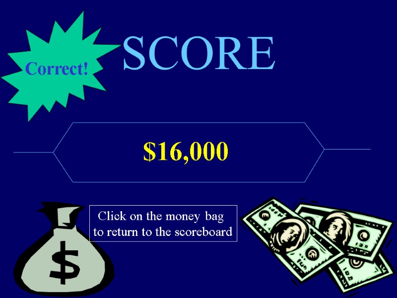SCORE $16,000 Click on the money bag  to return to the scoreboard Correct!